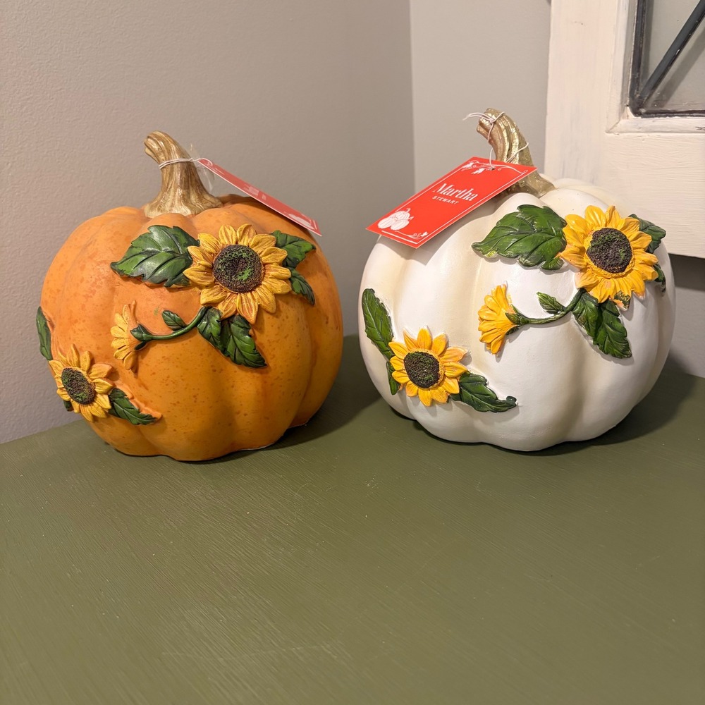 Martha Stewart Sunflower Decorative Pumpkin Set Orange White Fall Decor 2pc